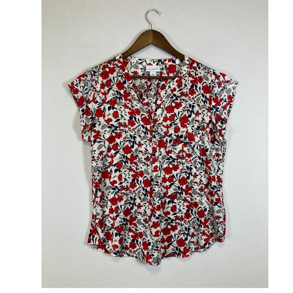 Liz Claiborne Floral Blouse Womens Medium Red‎ White Blue Cap Sleeve Split Neck